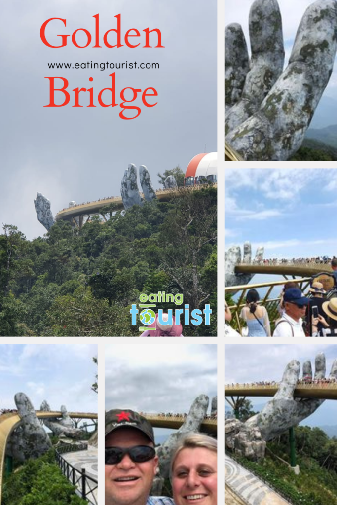 Collage of different photos taken of the Golden Bridge in Vietnam.  One of the photos includes a selfie of Enzelle and Leon