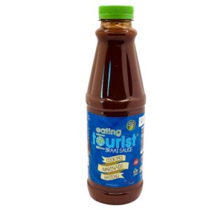 An 750ml plastic bottle with bright green cap filled with Eating Tourist® Braai Sauce.