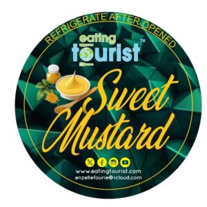 Image of the lable for the Eating Tourist® Sweet Mustard. Green label and written in yellow.