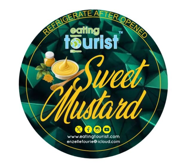 Image of the lable for the Eating Tourist® Sweet Mustard. Green label and written in yellow.