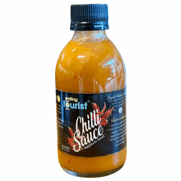 200ml glass bottle filled with Chilli Sauce by Eating Tourist.