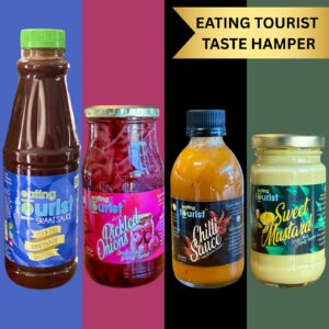 Image of 4 top sellers of Eating Tourist. Braai Sauce, Sweet mustard, Chilli Sauce, Pickled Onions.