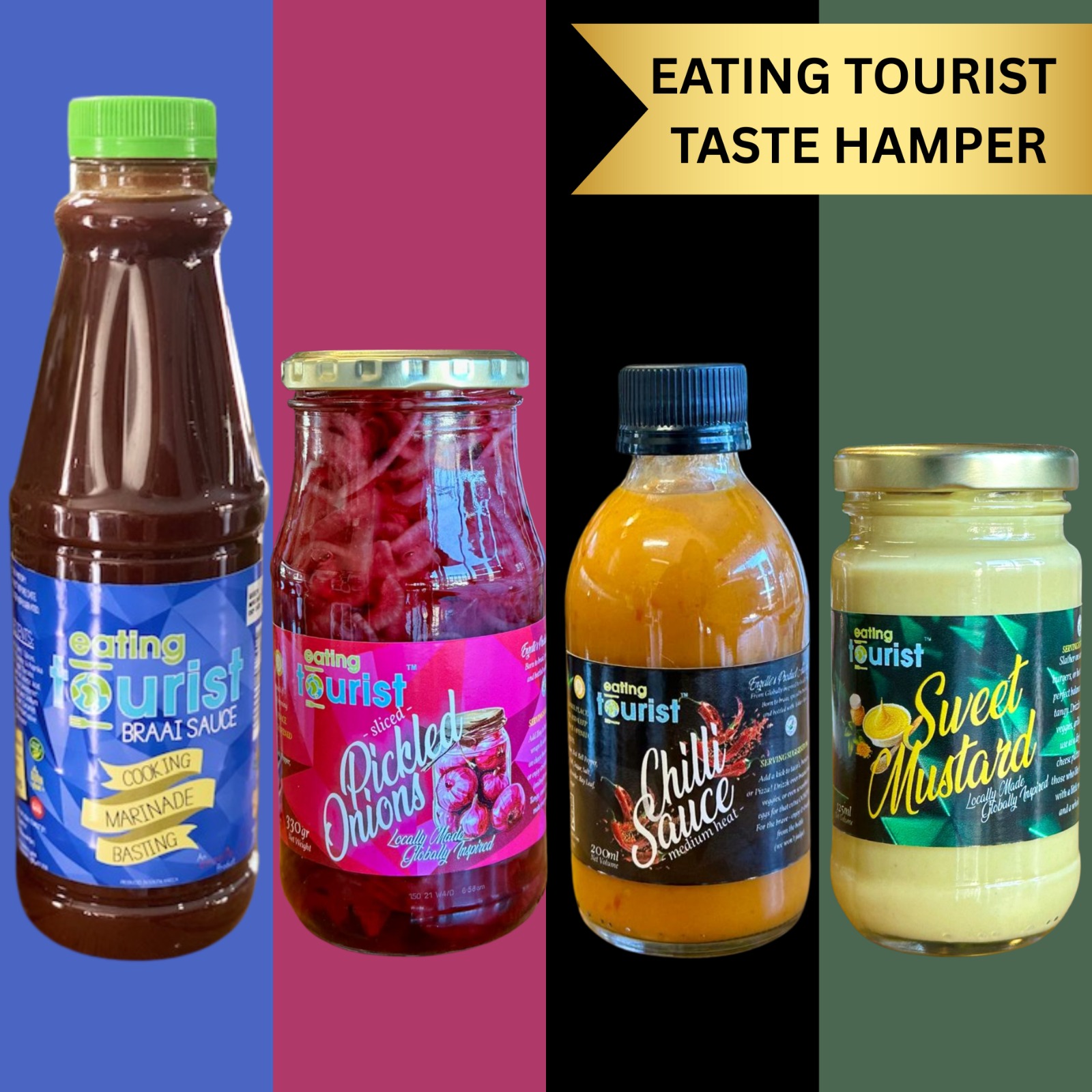 Image of 4 top sellers of Eating Tourist. Braai Sauce, Sweet mustard, Chilli Sauce, Pickled Onions.
